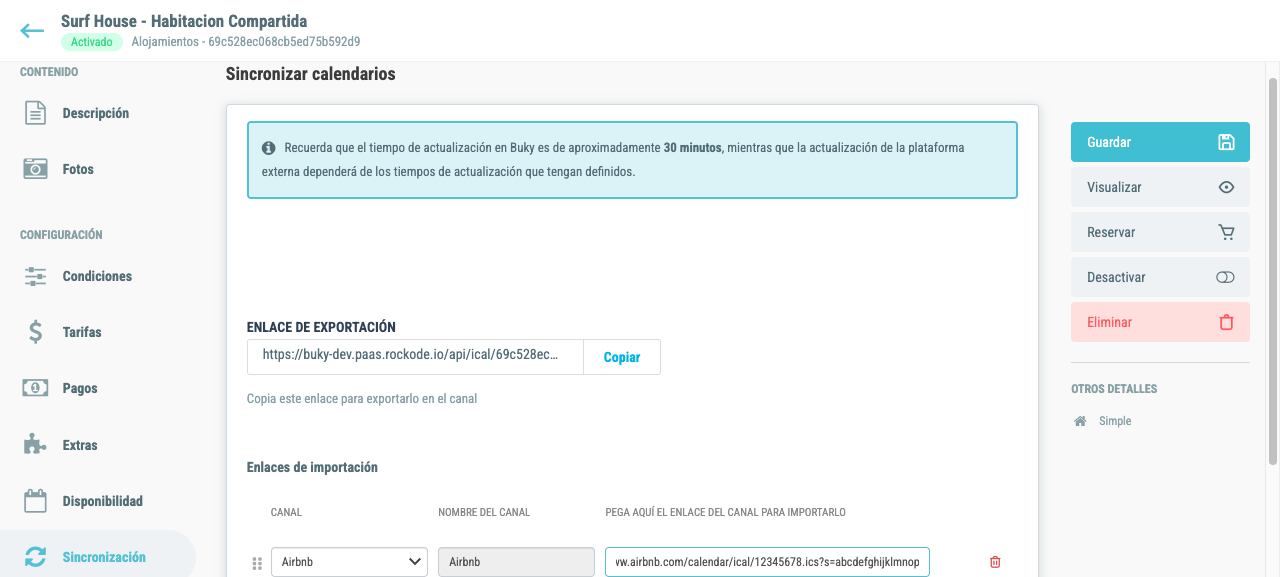 Canal de Airbnb configurado con URL de ejemplo