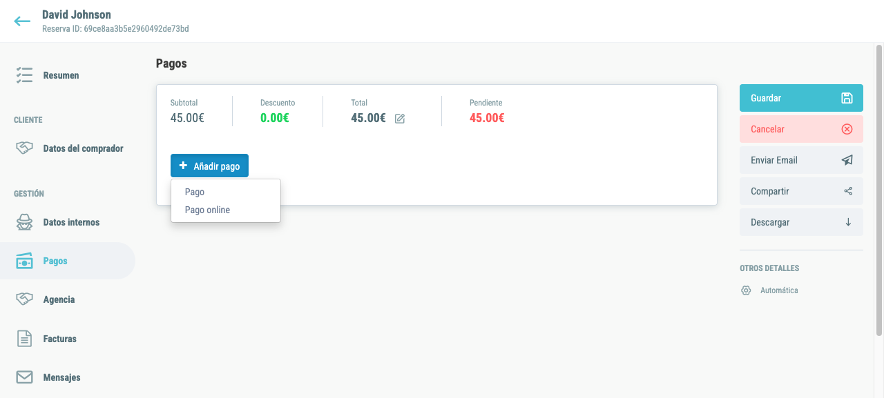 Dropdown con las opciones Pago y Pago online