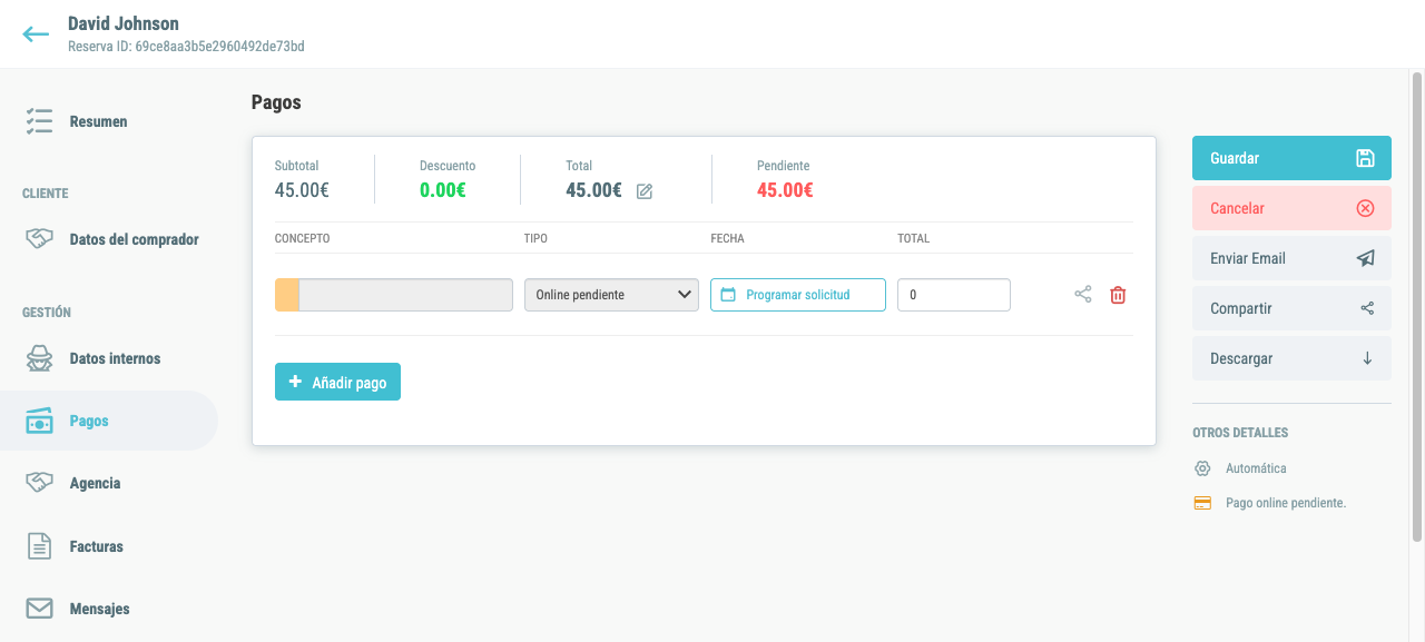 Formulario de pago online con los campos por defecto