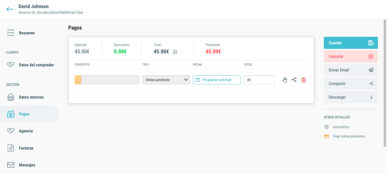 Pago online creado con estado Online pendiente en naranja y botones de accion