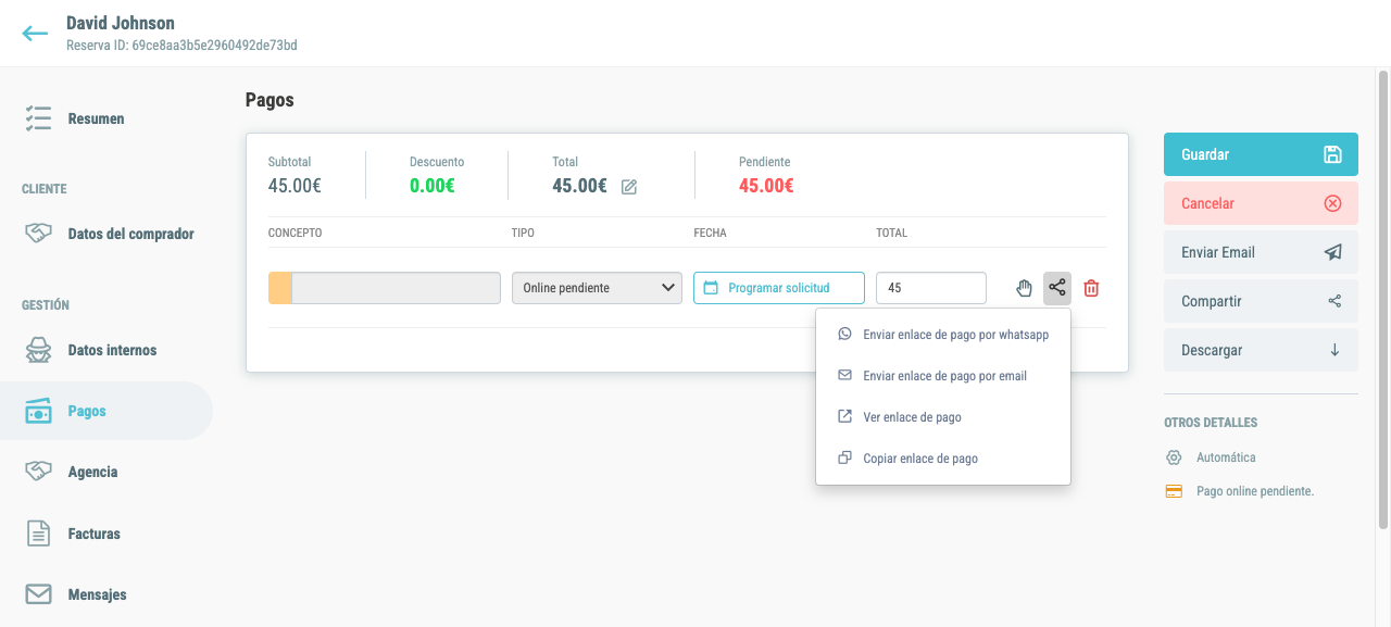 Menu compartir con las opciones de WhatsApp, email, ver y copiar enlace