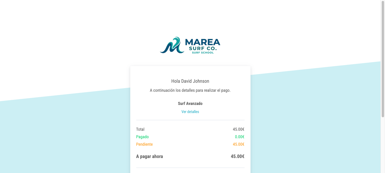 Pagina publica de pago con seleccion de metodo y boton de confirmar