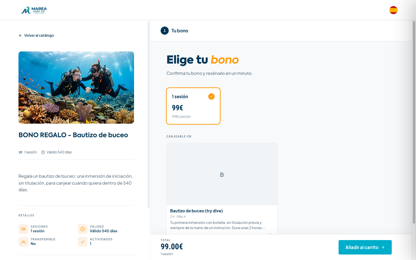 Así ve el vale quien lo compra: elige el bono (1 sesión, 99 €), ve su validez de 540 días y dónde se canjea, y lo añade al carrito sin elegir fecha