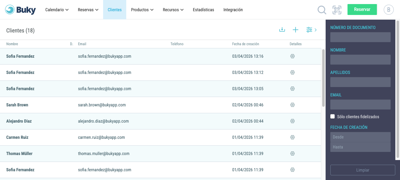 Panel de filtros de clientes