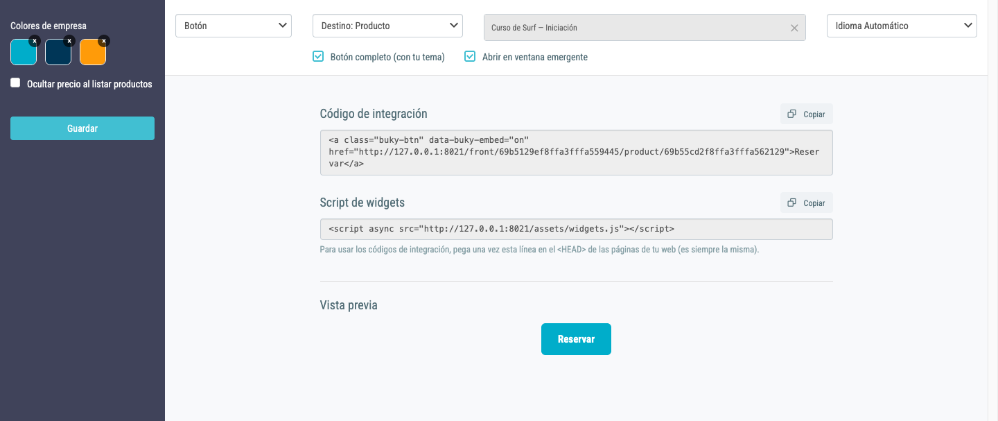 Código de integración, script de widgets y vista previa del botón para un producto