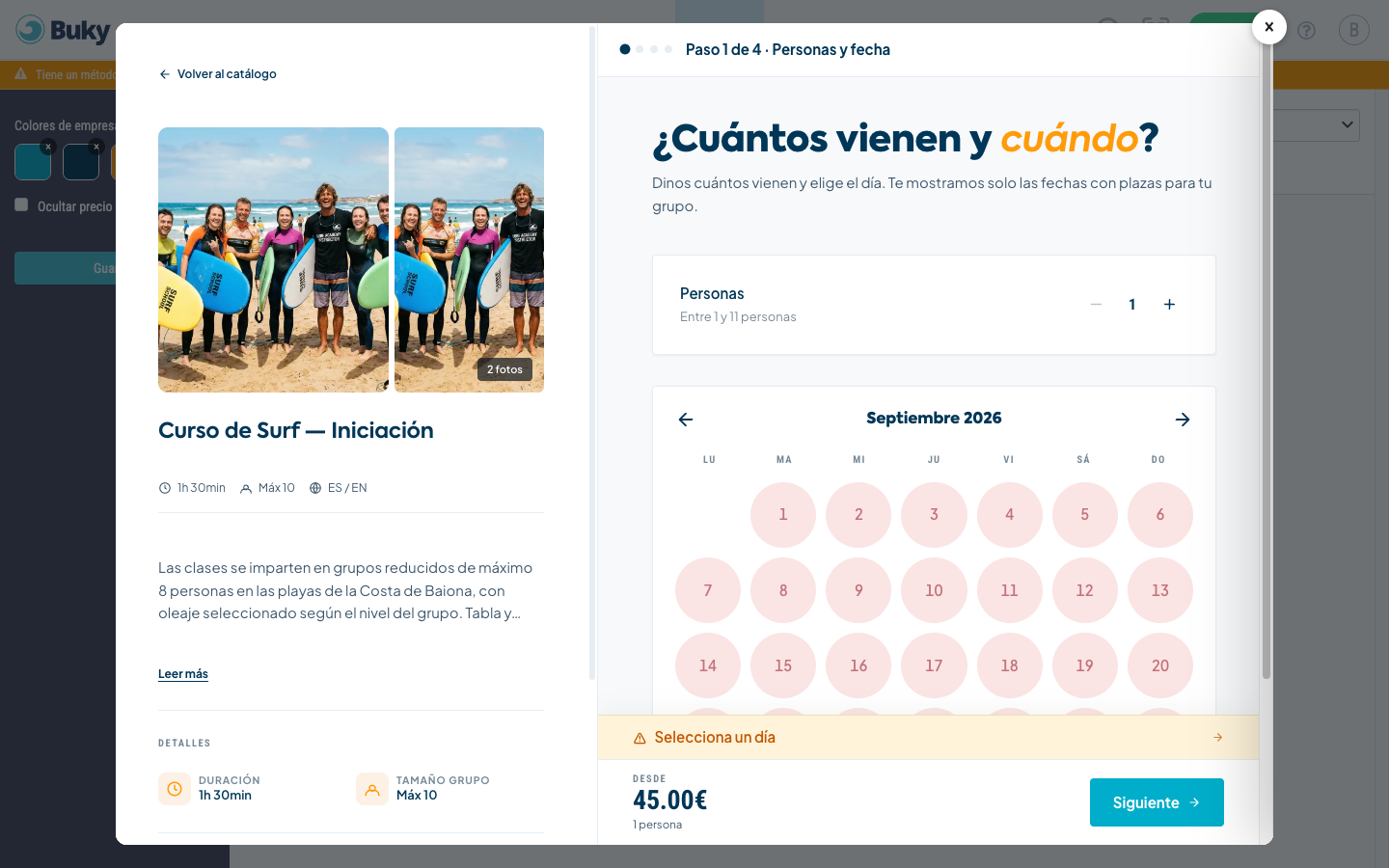 Proceso de reserva abierto en ventana emergente al pulsar el botón